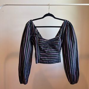 Free People Navy Striped Puff Sleeve Blouse